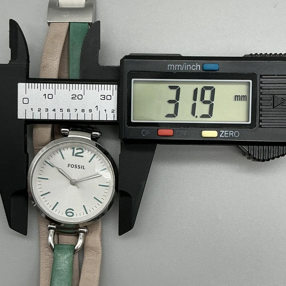 Fossil Georgia ES3224 Women Watch 32mm Silver Dial Green Tan Leather New Battery